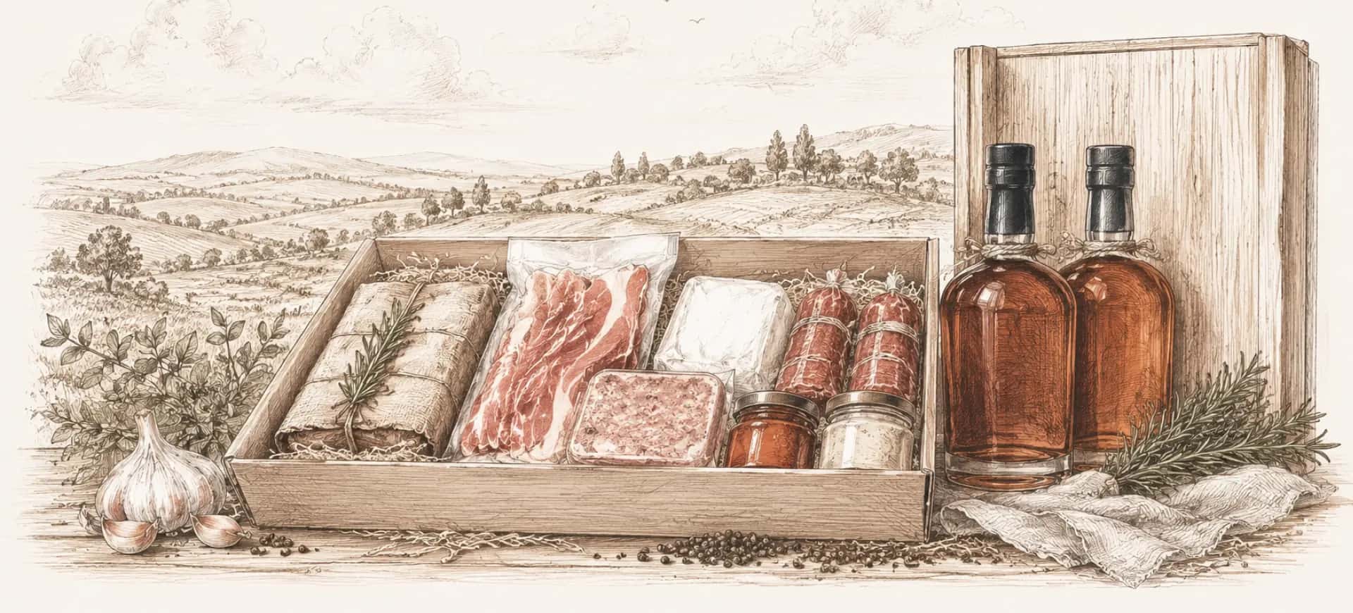 Håndtegnet landskab med gavekasser og flasker fra Fanø