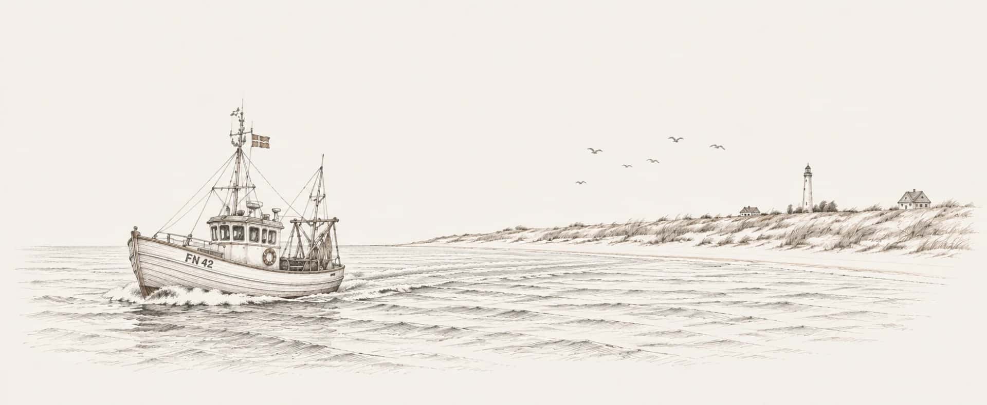 Illustreret Fanø-kyst med fiskekutter og fyrtårn